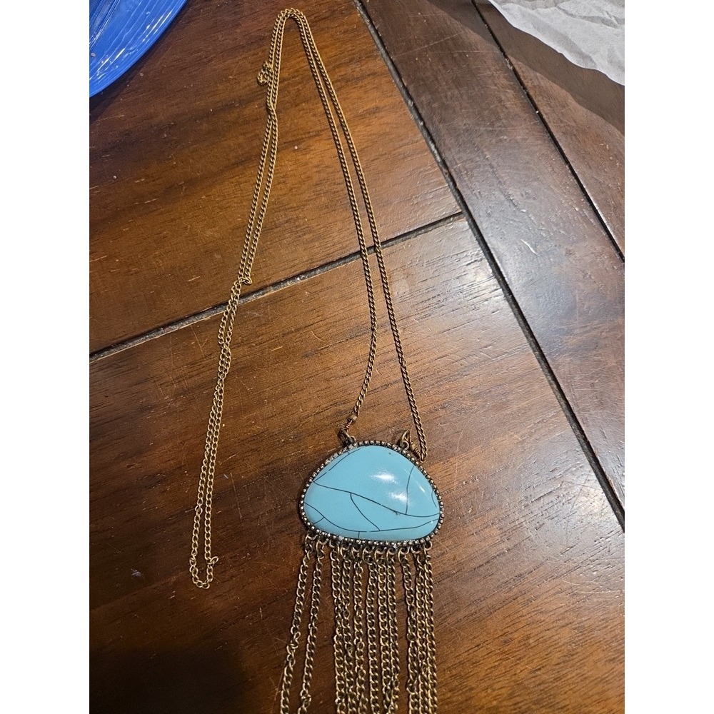 Boho style faux turquoise slice ceramic teal‎ chain tassel necklace in gold